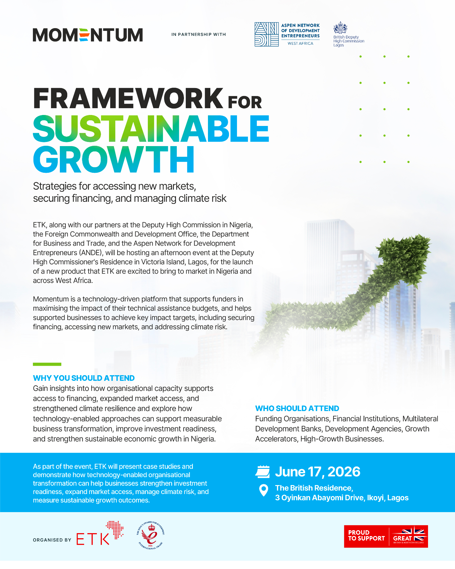 Framework for Sustainable Growth event flyer with Momentum, ANDE West Africa, and British Deputy High Commission Lagos branding