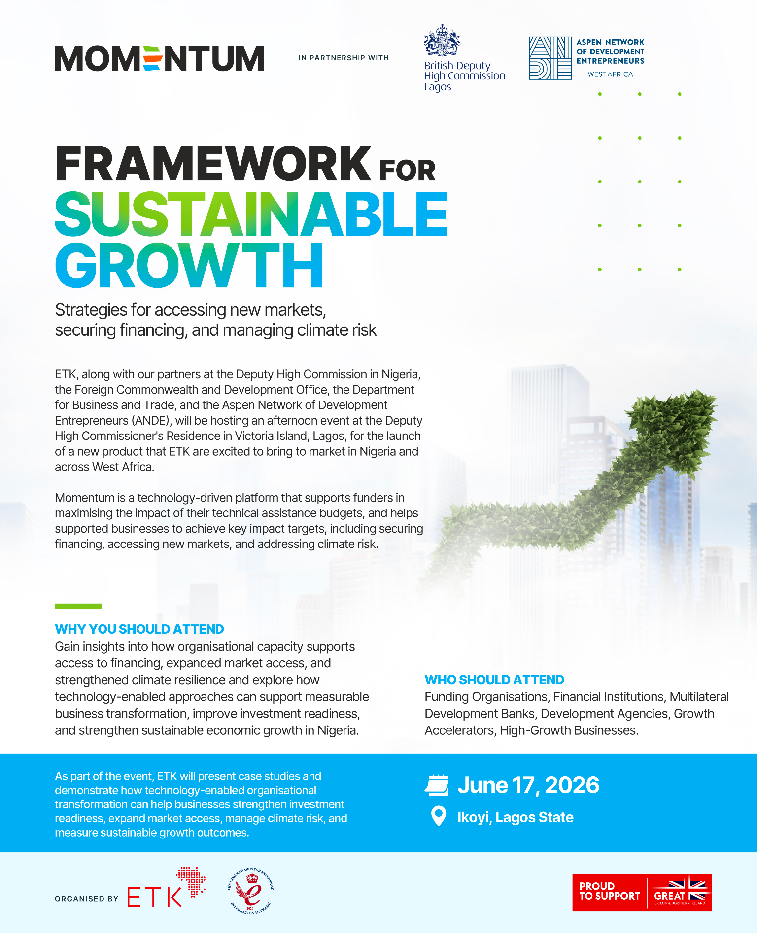 Framework for Sustainable Growth event flyer with Momentum, ANDE West Africa, and British Deputy High Commission Lagos branding